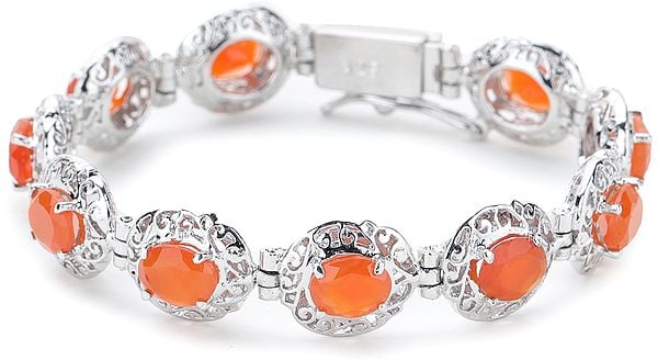 Exotic India Superfine Silver Chain Bracelet With Oval-Cut Faceted Fanta-Garnet Stones