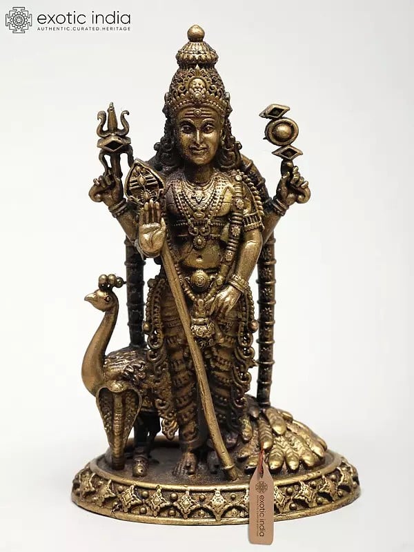 exotic india Superfine Statue of Four Armed Lord Kartikeya with Peacock and Snake | Ideal for Puja 