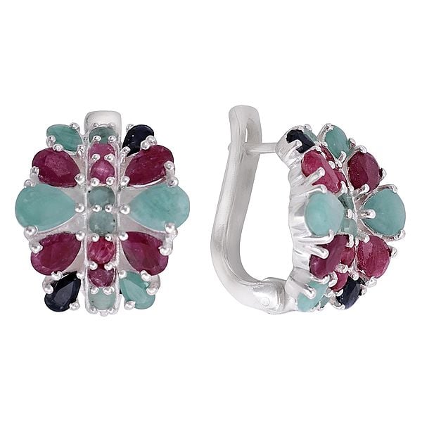 Exotic India Superfine Sterling Silver Earring With Ruby Emerald & Sapphire