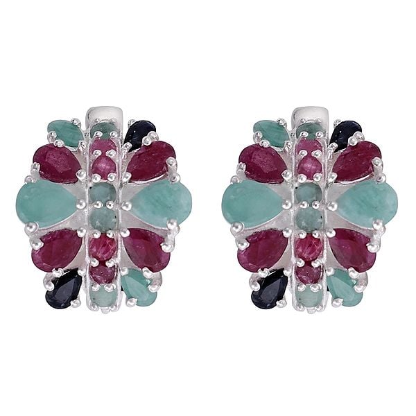 exotic india Superfine Sterling Silver Earring with Ruby Emerald & Sapphire
