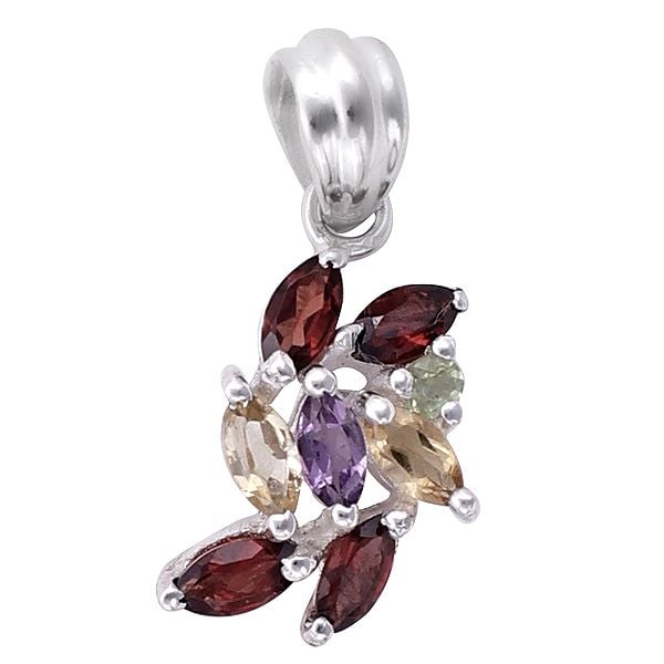 exotic india Superfine Sterling Silver Pendant with Multiple Gemstones