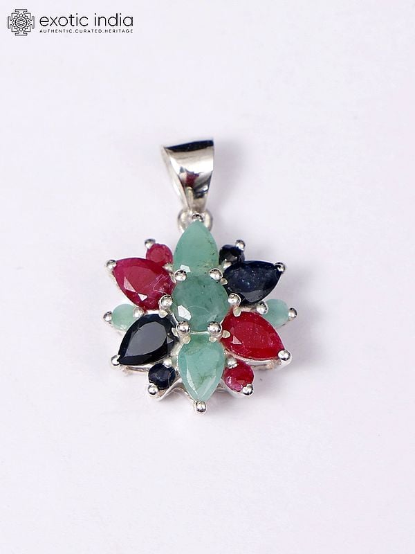 Exotic India Superfine Sterling Silver Pendant With Sapphire Ruby And Emerald 