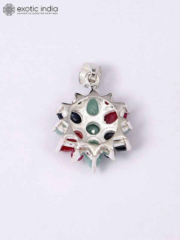 Exotic India Superfine Sterling Silver Pendant With Sapphire Ruby And Emerald 