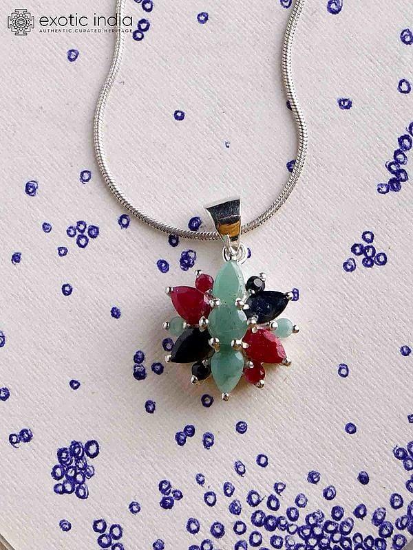 exotic india Superfine Sterling Silver Pendant with Sapphire Ruby and Emerald 