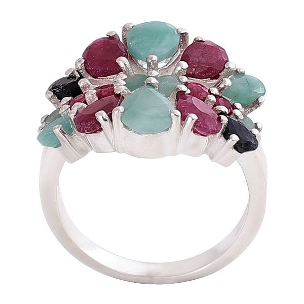 Exotic India Superfine Sterling Silver Ring With Multiple Gemstone 