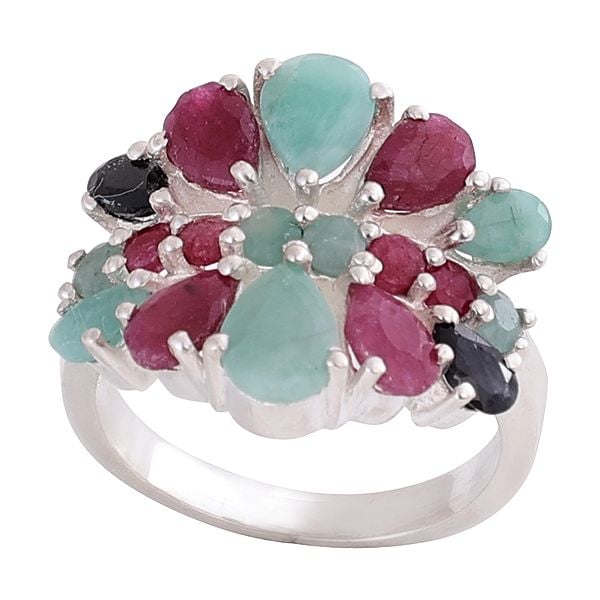 exotic india Superfine Sterling Silver Ring with Multiple Gemstone 