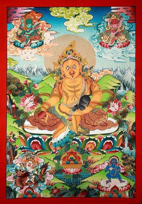 exotic india Superfine Tibetan Buddhist Deity Kubera - Brocadeless Thangka 