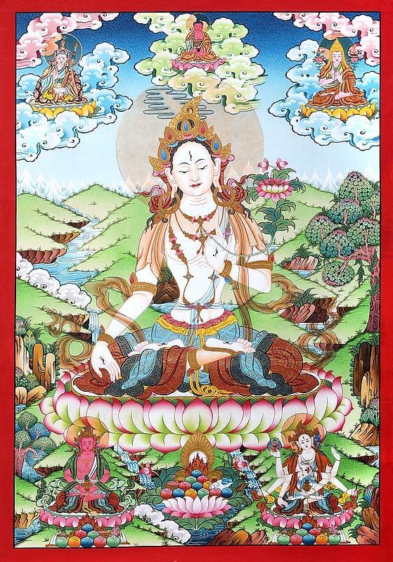 exotic india Superfine Tibetan Buddhist Saviour Goddess White Tara -Brocadeless Thangka 
