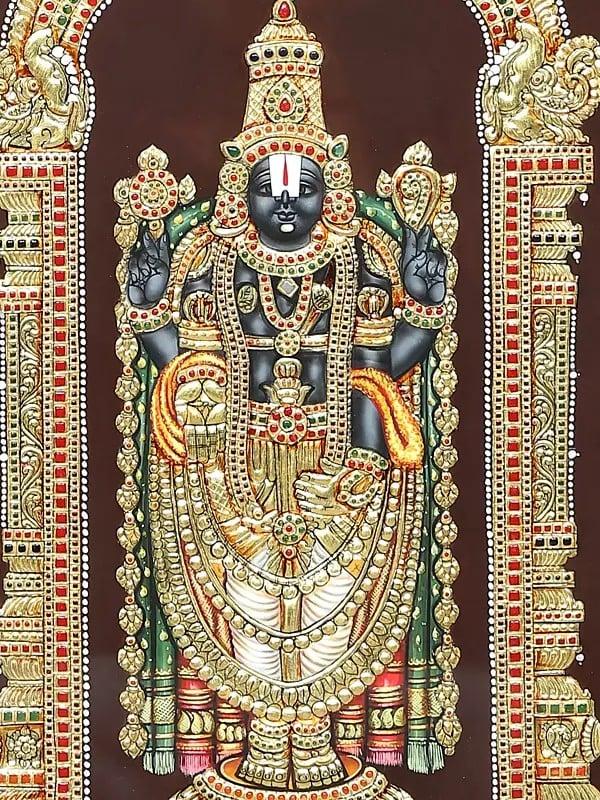 Exotic India Superfine Tirupati Balaji (Venkateshvara) | 24 Karat Gold Work | Framed Tanjore Painting 
