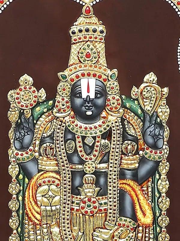 Exotic India Superfine Tirupati Balaji (Venkateshvara) | 24 Karat Gold Work | Framed Tanjore Painting 
