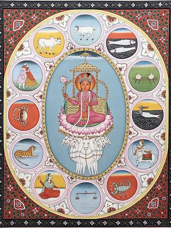 Exotic India Surya Sun God With 12 Zodiac Signs (Astrological Diagram)