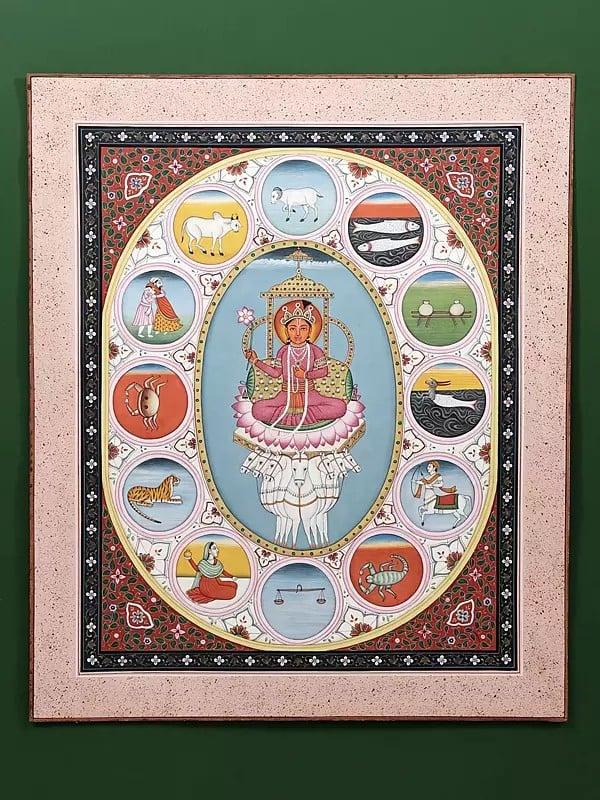 exotic india Surya Sun God with 12 Zodiac Signs (Astrological Diagram)