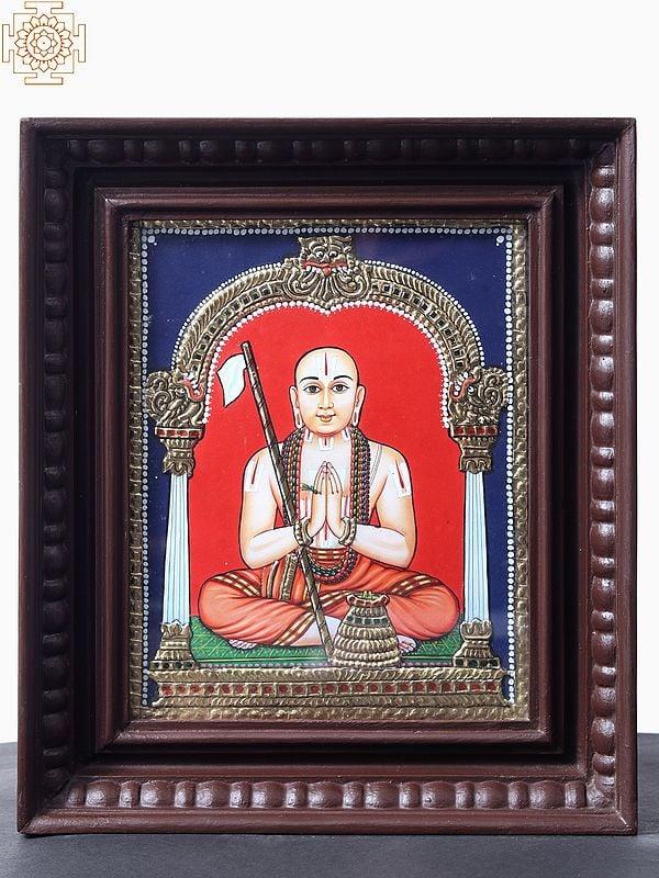 exotic india Swamy Ramanujacharya Tanjore Painting with Teakwood Frame