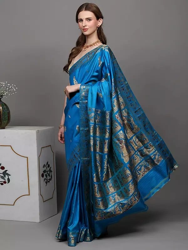 Exotic India Swedish-Blue Pure Silk Baluchari Saree From Bengal Depicting Mythological Episodes 