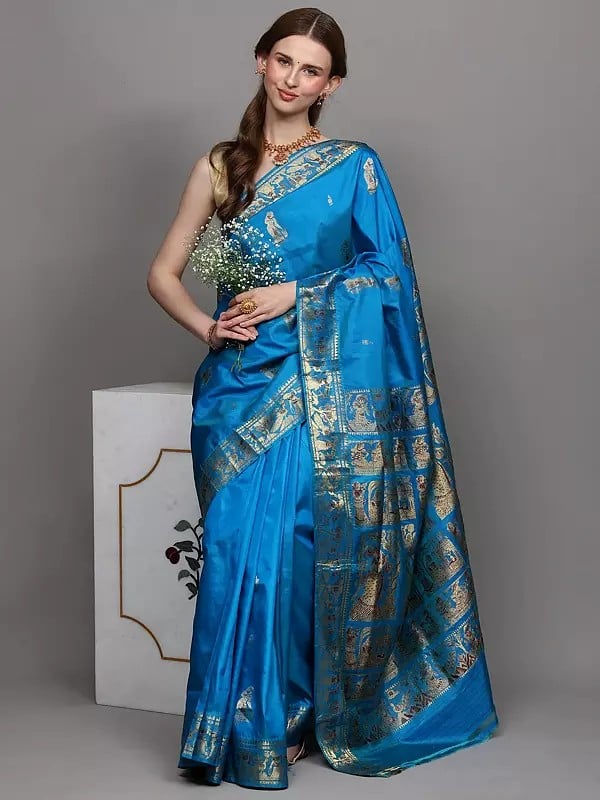 Exotic India Swedish-Blue Pure Silk Baluchari Saree From Bengal Depicting Mythological Episodes 