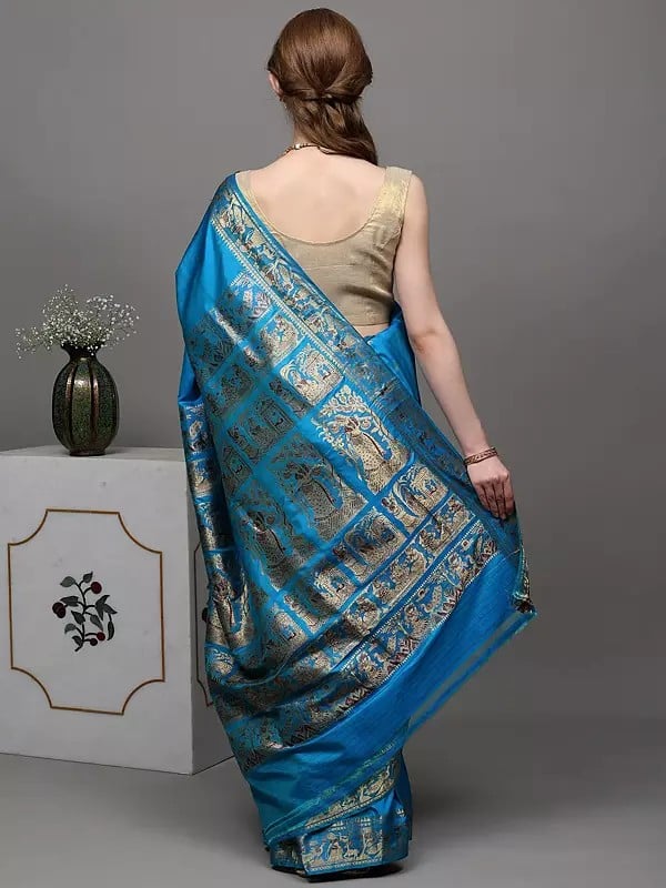 Exotic India Swedish-Blue Pure Silk Baluchari Saree From Bengal Depicting Mythological Episodes 