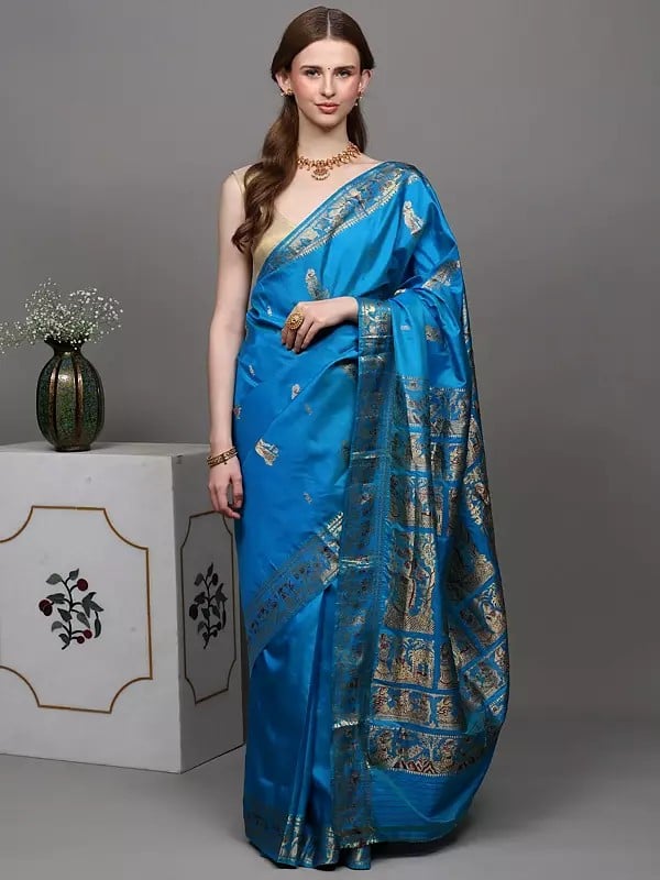 exotic india Swedish-Blue Pure Silk Baluchari Saree from Bengal Depicting Mythological Episodes 