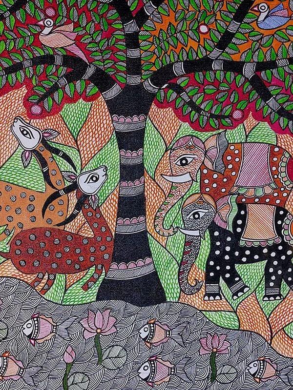 Exotic India Symphony Of The Forest Madhubani Painting | Acrylic On Canvas | By Lalita Ray 