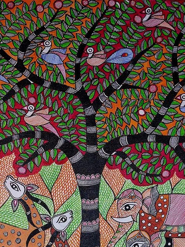 Exotic India Symphony Of The Forest Madhubani Painting | Acrylic On Canvas | By Lalita Ray 