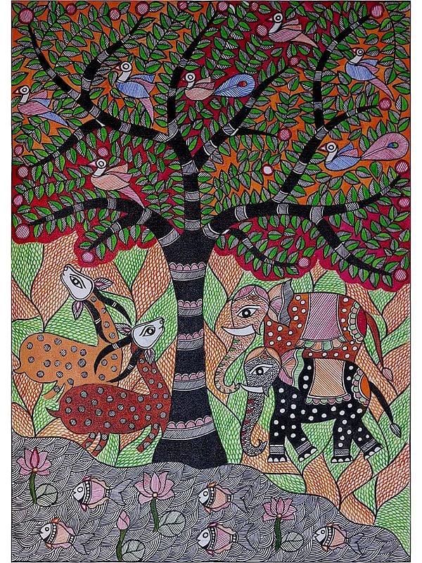 exotic india Symphony Of The Forest Madhubani Painting | Acrylic On Canvas | By Lalita Ray 