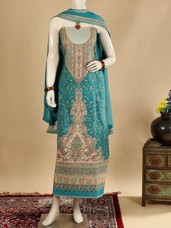 Exotic India Tahitian-Teal Kani Jamawar Salwar Kameez Fabric With Dupatta And Woven Paisleys 