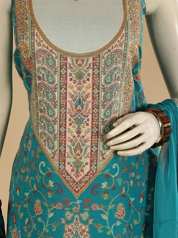Exotic India Tahitian-Teal Kani Jamawar Salwar Kameez Fabric With Dupatta And Woven Paisleys 