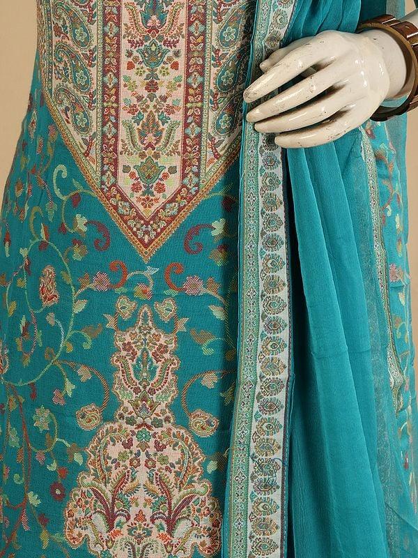 Exotic India Tahitian-Teal Kani Jamawar Salwar Kameez Fabric With Dupatta And Woven Paisleys 