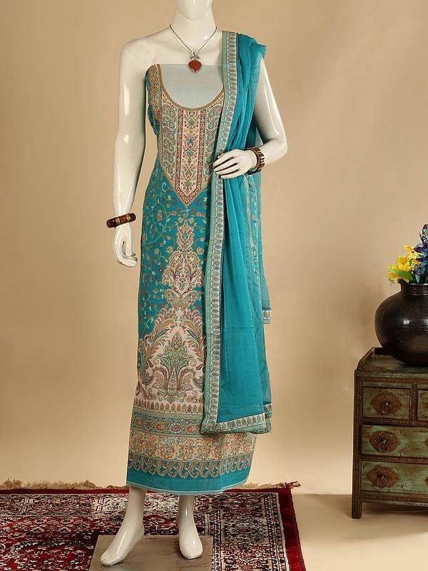 exotic india Tahitian-Teal Kani Jamawar Salwar Kameez Fabric with Dupatta and Woven Paisleys 