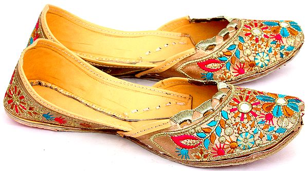 exotic india Tan Jootis with Embroidery and Sequins 