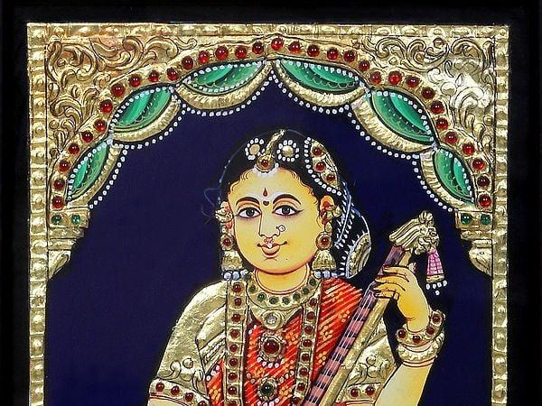 Exotic India Tanjore Painting Of Female Musician With Veena | Traditional Colors With 24 Karat Gold | With Frame