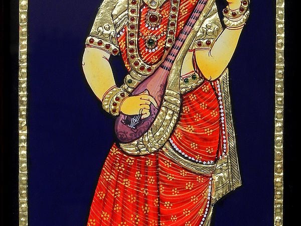 Exotic India Tanjore Painting Of Female Musician With Veena | Traditional Colors With 24 Karat Gold | With Frame