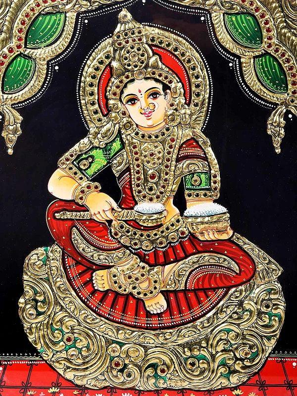 Exotic India Tanjore Painting Of Goddess Annapoorna Devi | Traditional Colors With 24 Karat Gold | With Frame 