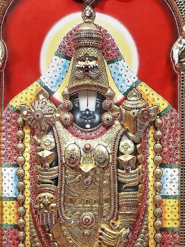 Exotic India Tanjore Painting Of Standing Lord Tirupati Balaji With Embossing Work | Traditional Colors With 24K Gold | Teakwood Frame