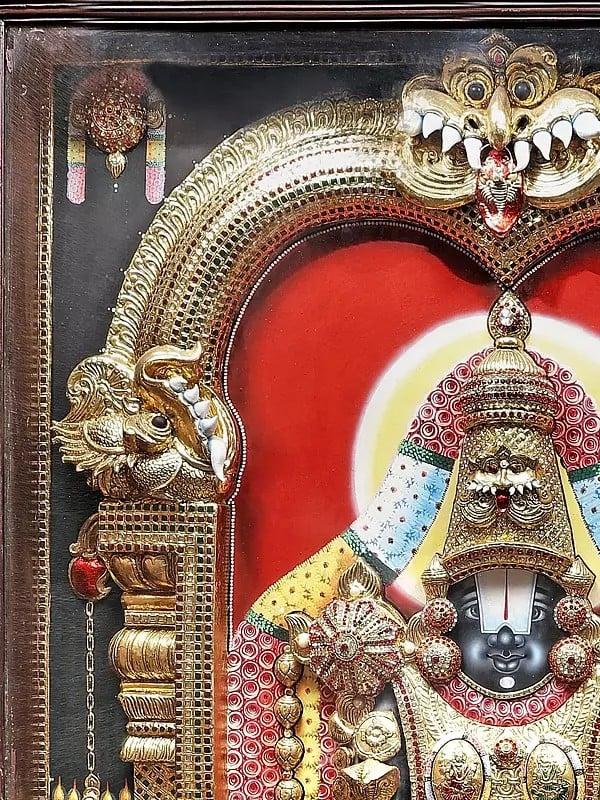 Exotic India Tanjore Painting Of Standing Lord Tirupati Balaji With Embossing Work | Traditional Colors With 24K Gold | Teakwood Frame