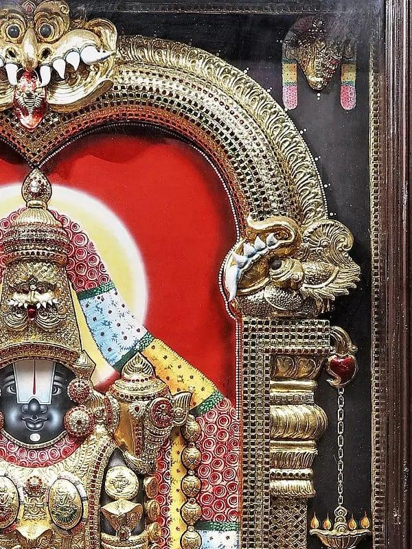 Exotic India Tanjore Painting Of Standing Lord Tirupati Balaji With Embossing Work | Traditional Colors With 24K Gold | Teakwood Frame