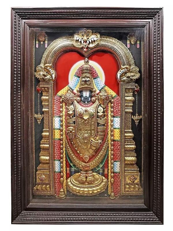 exotic india Tanjore Painting Of Standing Lord Tirupati Balaji With Embossing Work | Traditional Colors With 24K Gold | Teakwood Frame