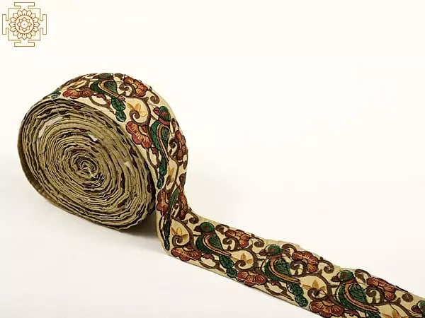 Exotic India Taos-Taupe Fabric Border With Multicolor Thread Embroidered Parrot