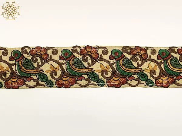 Exotic India Taos-Taupe Fabric Border With Multicolor Thread Embroidered Parrot