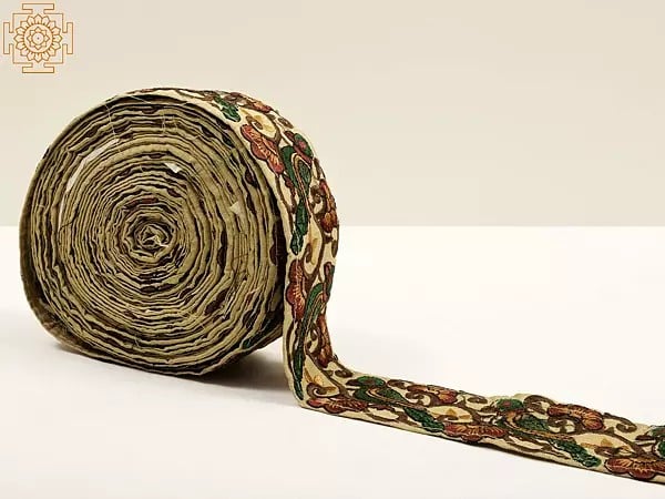 exotic india Taos-Taupe Fabric Border with Multicolor Thread Embroidered Parrot 
