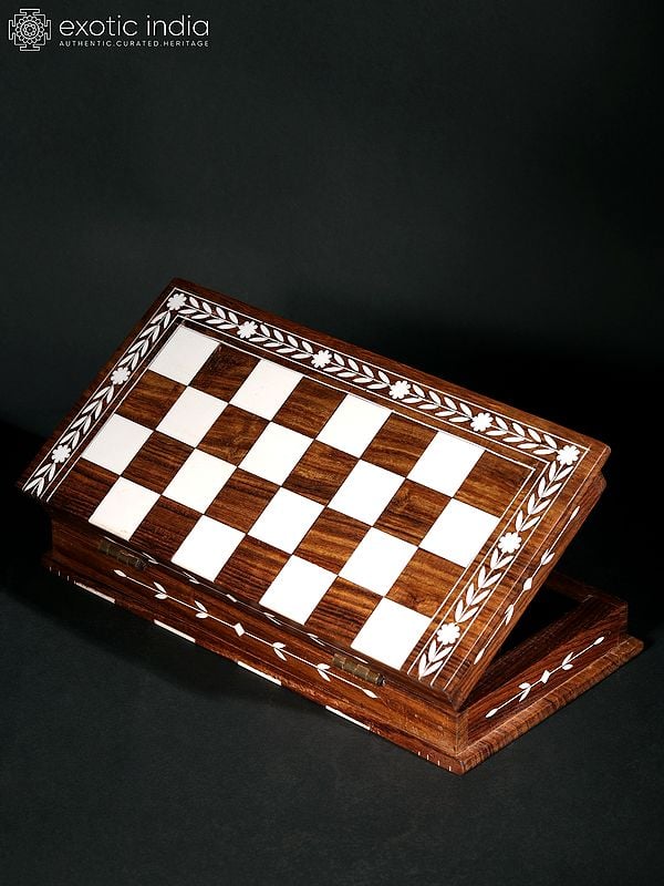 Exotic India Teakwood Chess Board Box With Inlay Work 
