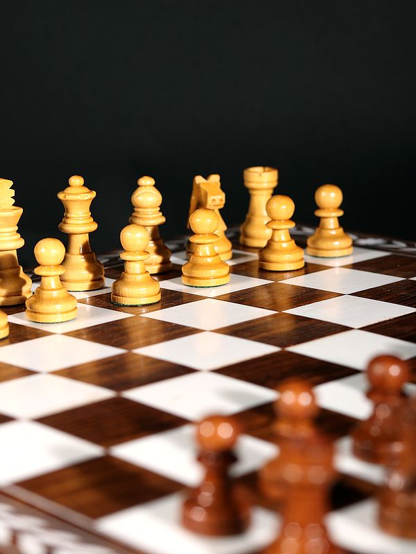 Exotic India Teakwood Chess Board Box With Inlay Work 