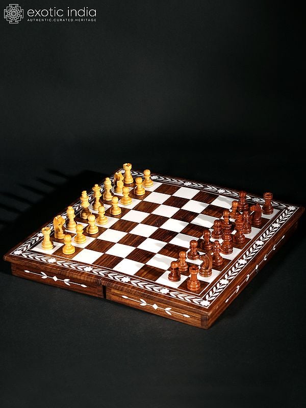 exotic india Teakwood Chess Board Box with Inlay Work