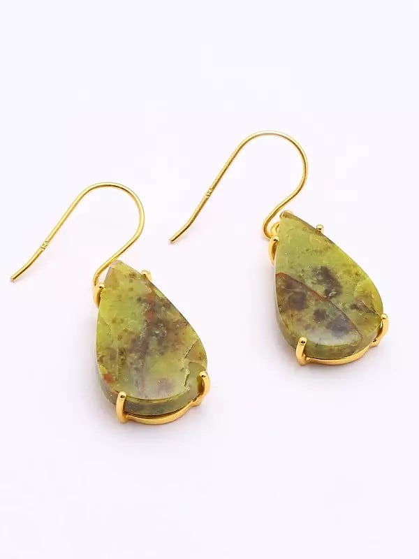 Exotic India Teardrop Shape Green Opal Gemstone Hook Earrings