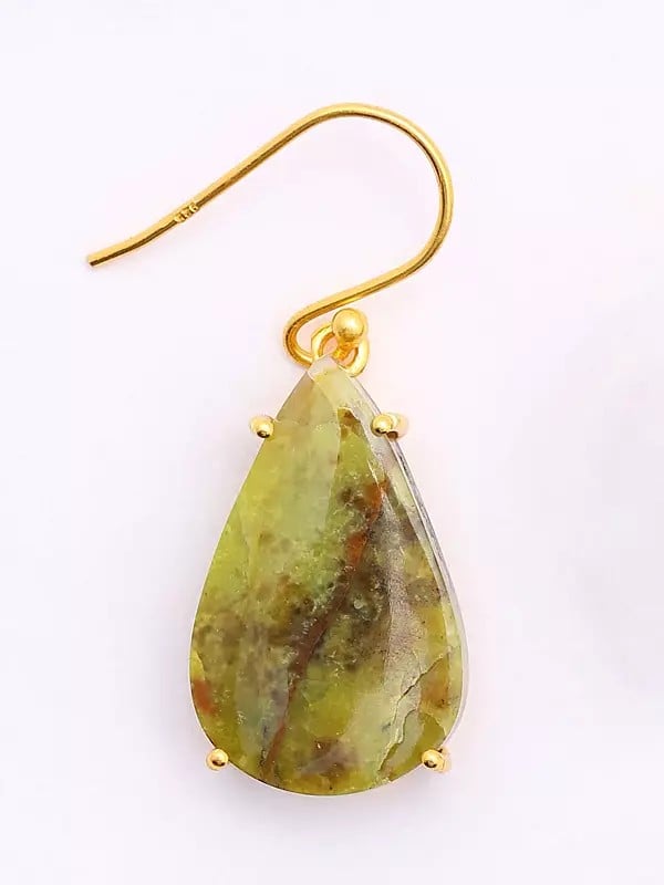 Exotic India Teardrop Shape Green Opal Gemstone Hook Earrings