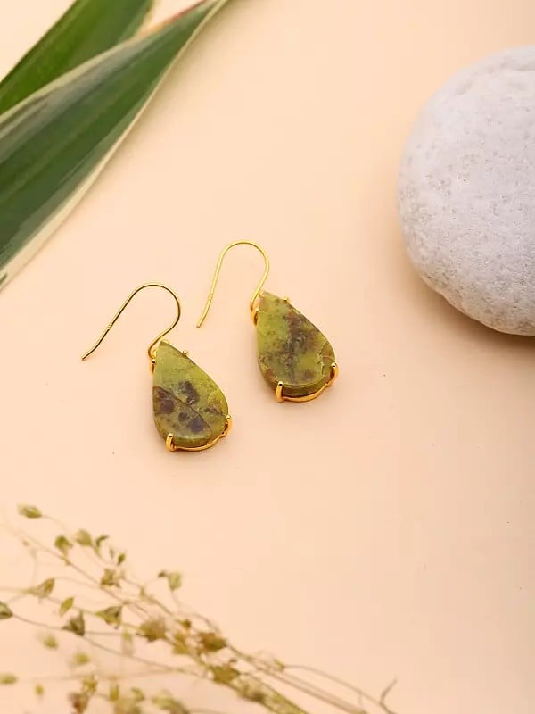 Exotic India Teardrop Shape Green Opal Gemstone Hook Earrings