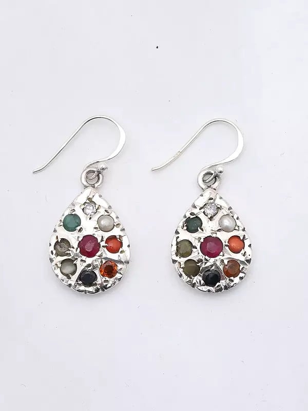 Exotic India Teardrop Shape Navaratna Dangle Earrings 