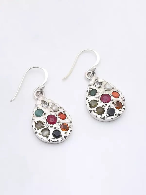 Exotic India Teardrop Shape Navaratna Dangle Earrings 