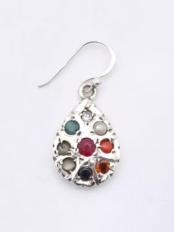 Exotic India Teardrop Shape Navaratna Dangle Earrings 