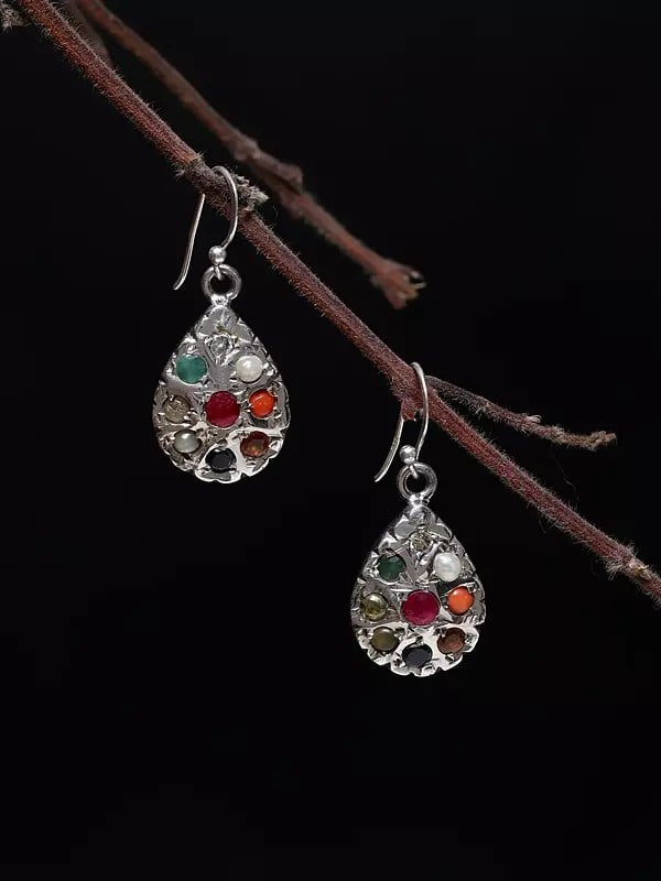 exotic india Teardrop Shape Navaratna Dangle Earrings 