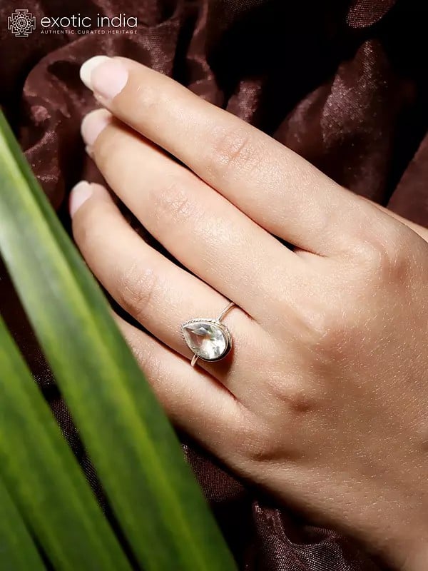 Exotic India Teardrop Shape Sterling Silver Ring With Gemstone 
